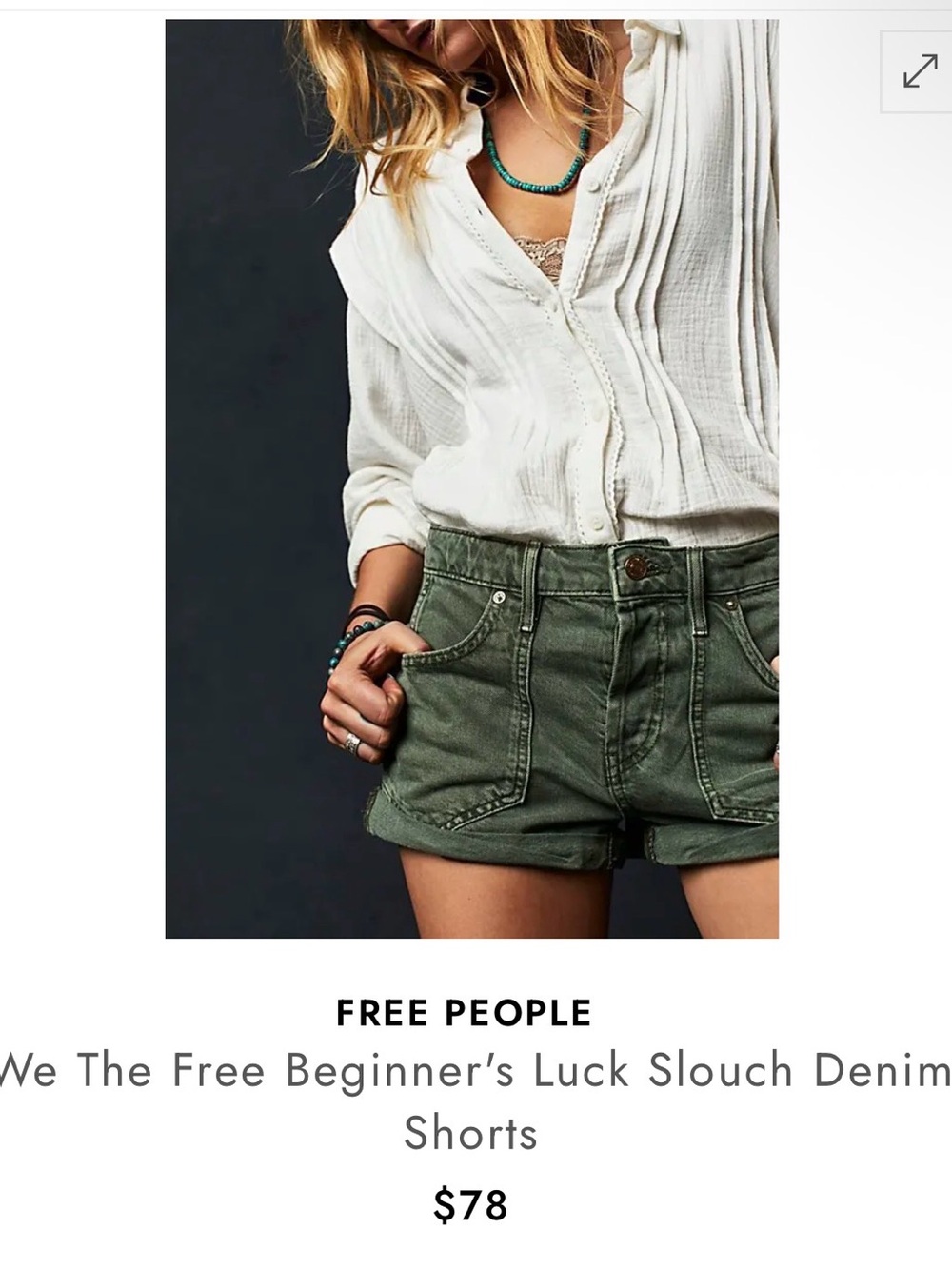 Free People Beginner’s Luck Olive Green Slouch Denim Short Size 28